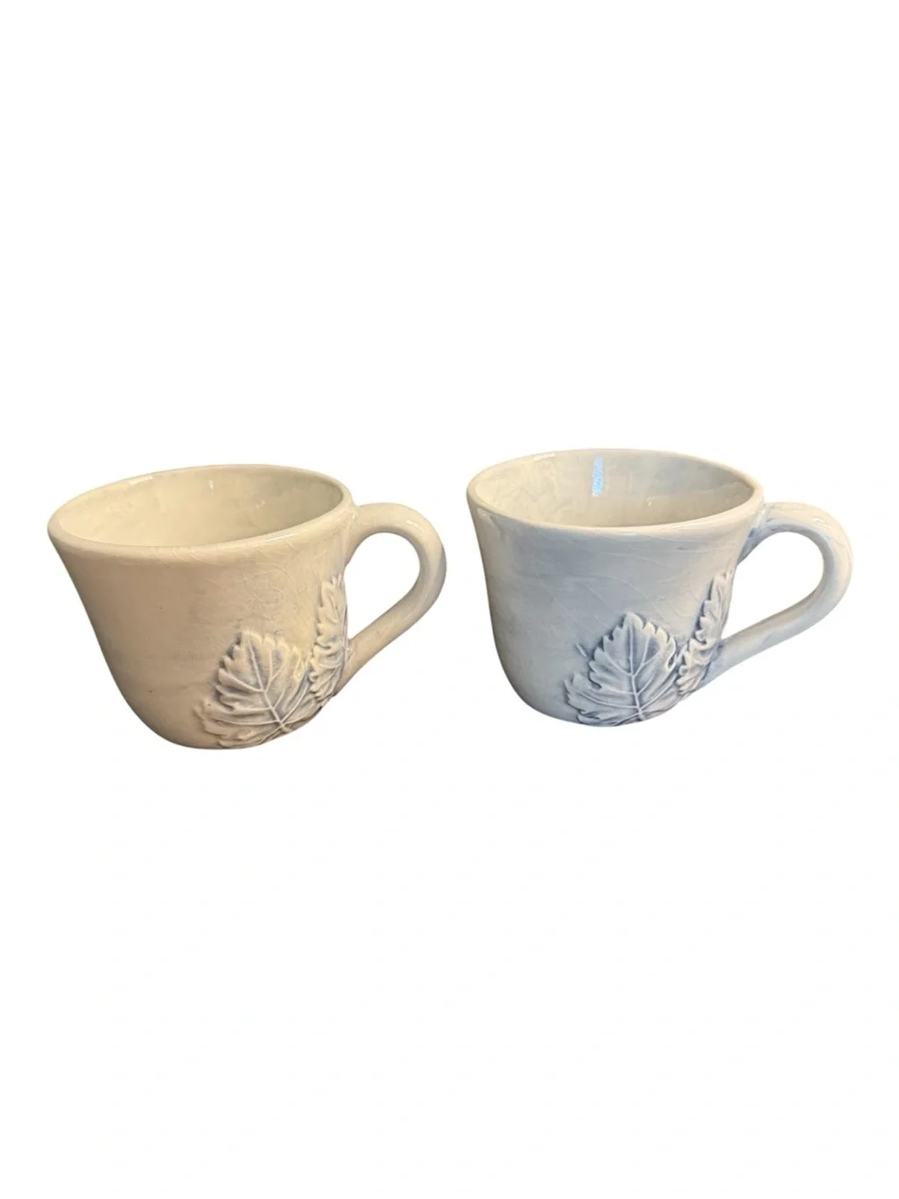 Williams Sonoma Napa Fog Blue Embossed Leaf Stoneware Mugs – Set of 2 – Made in